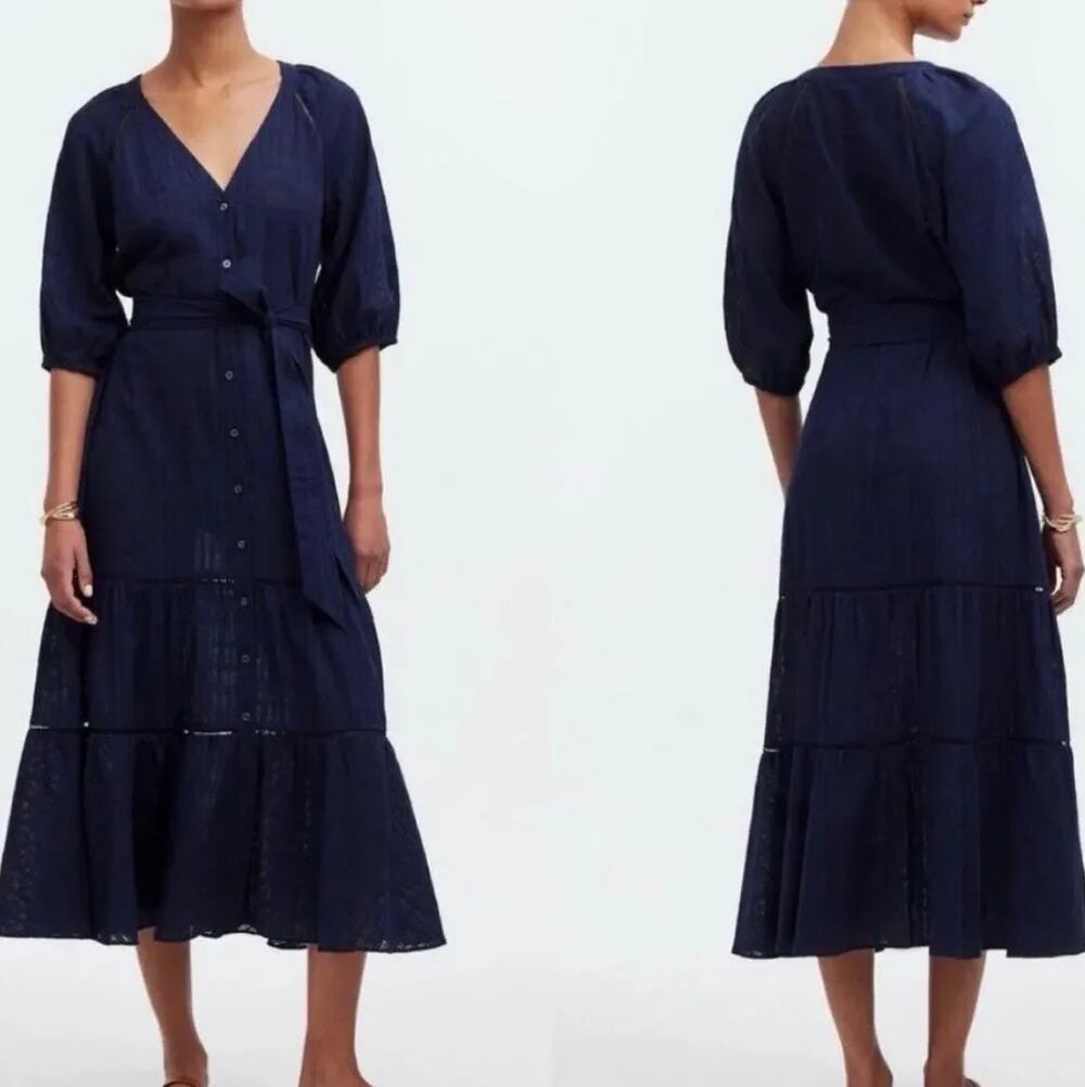 madewell tie-waist tiered midi dress in windowpane navy ns139 women size 6